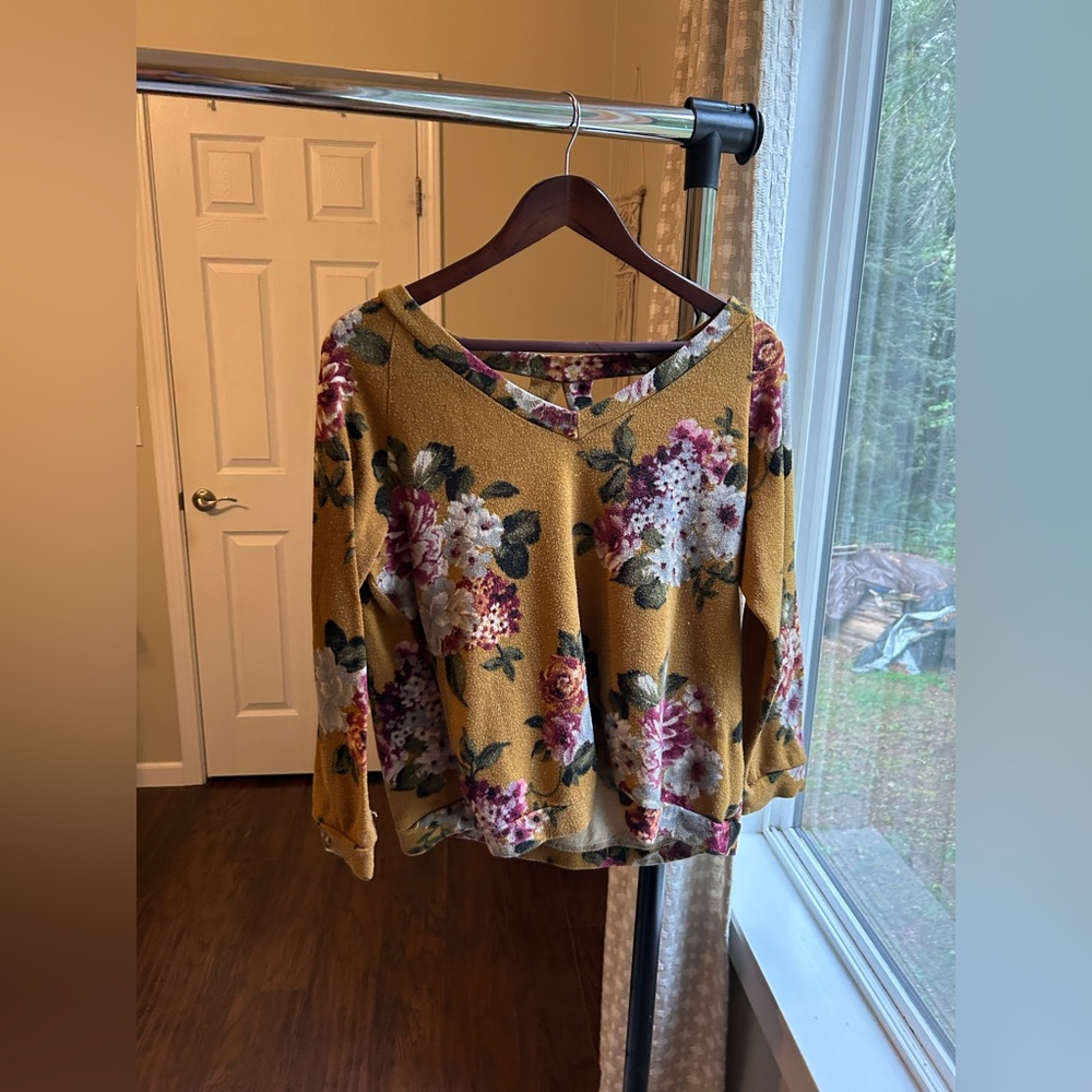 Floral Mustard V-Neck Women's Sweater/Sweatshirt Hybrid